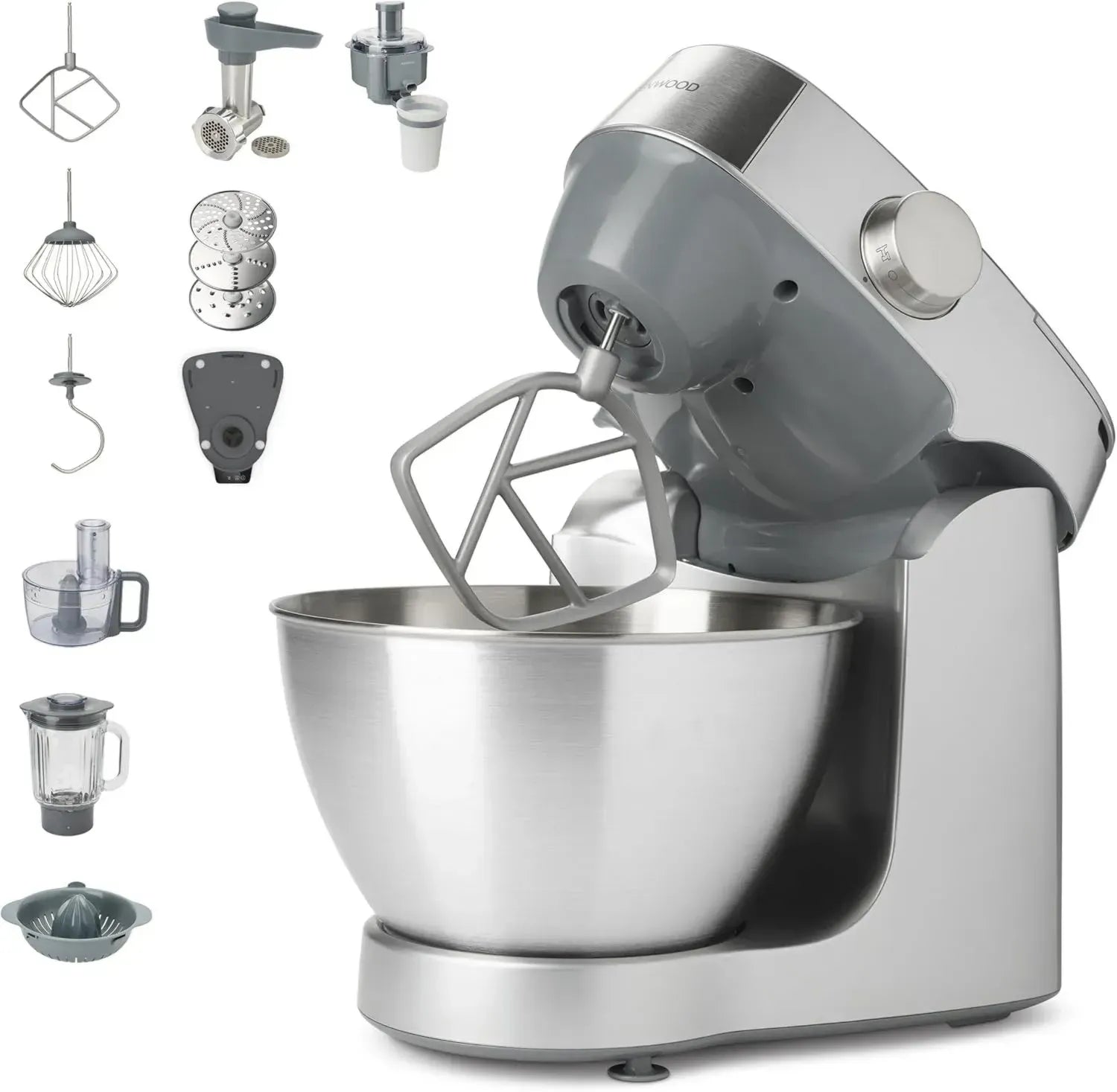 Kenwood Prospero+ Küchenmaschine, 4,3L Edelstahlschüssel, 10-teiliges Zubehörset mit Fleischwolf, Mixer, Zitruspresse und Waage, 1000W, Silber