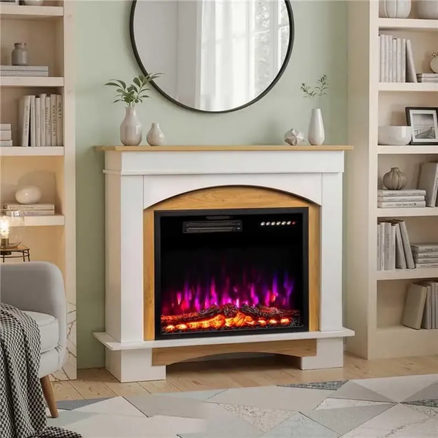 Elektrischer Kamin 23 Zoll, Heizfunktion 1000W/2000W, 12 3D-Flammen- und 4 Holzfeuereffekte, mit Fernbedienung und Schrank