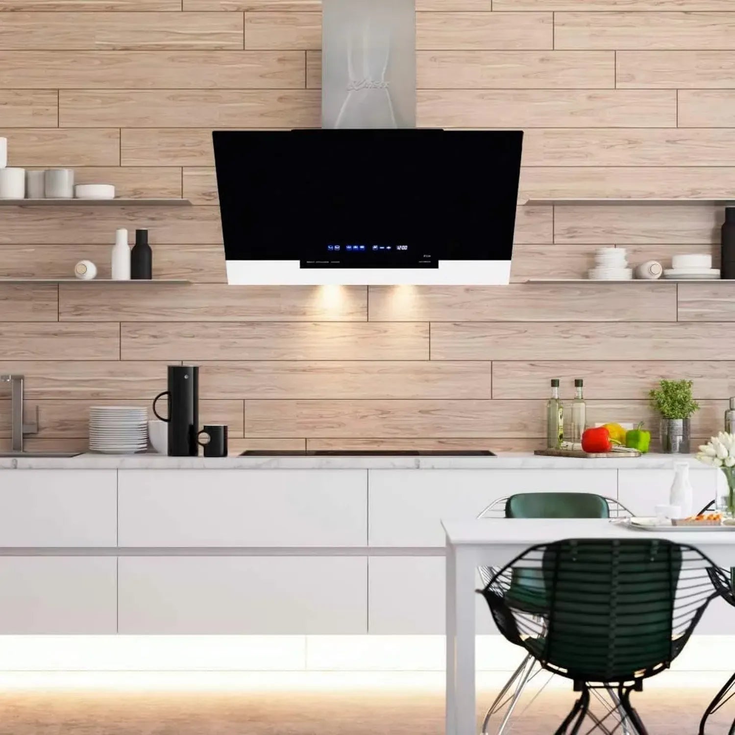 Kaiser Kopffrei-Dunstabzugshaube 80cm, Edelstahl & Schwarzglas, mit TouchControl und LED-Anzeige, 910m³/h, für Abluft und Umluft