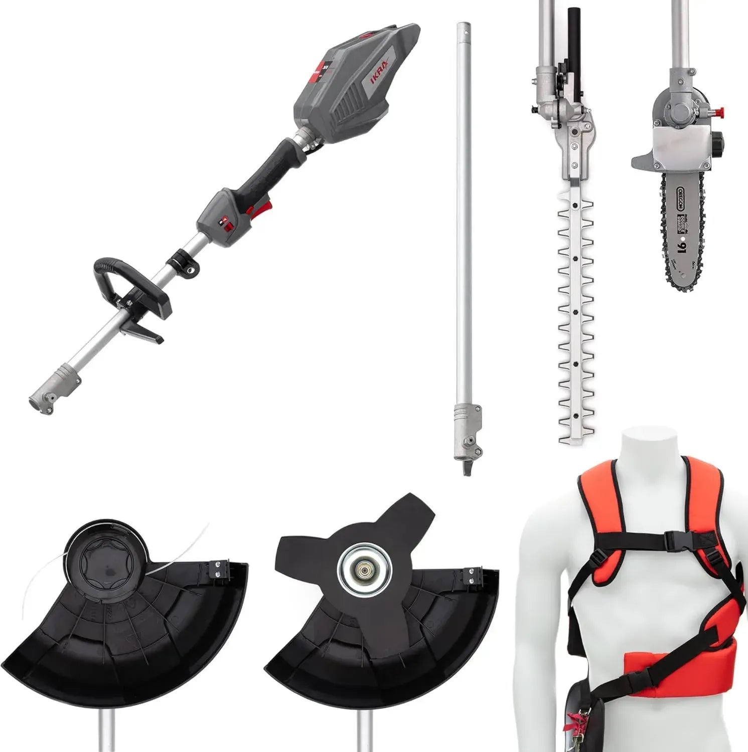 IKRA 36V Akku-Gartensystem, 4-in-1: Freischneider, Rasentrimmer, Heckenschere, Hochentaster, inkl. Zubehör, Bosch-kompatibel