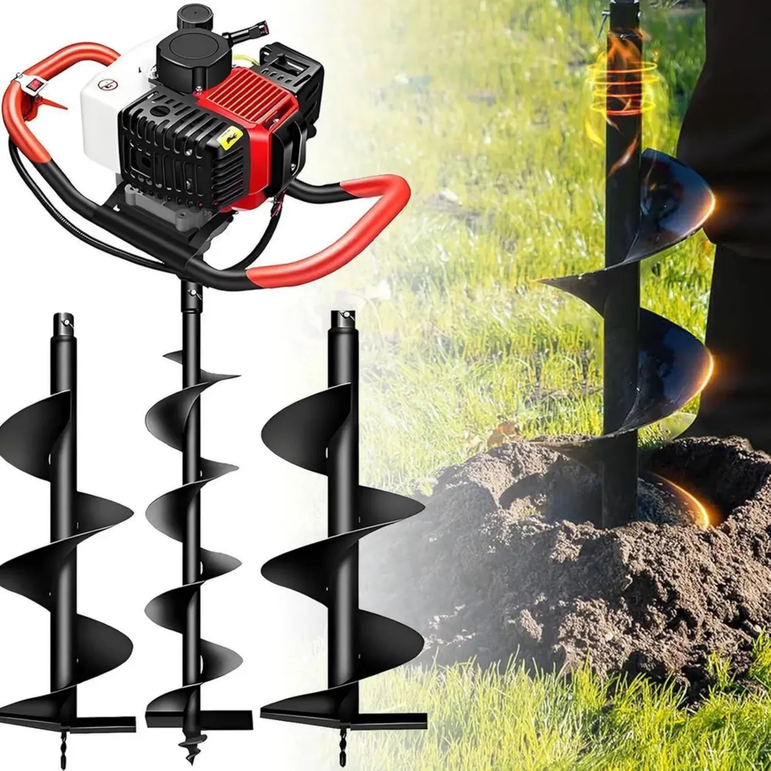 Leistungsstarker 4-Takt-Benzin-Erdbohrer mit Manganstahl-Bohrerspitze, geeignet für Zaunpfähle und Bäume, 1200ml Tank, Bohrergrößen: 20/25/30cm