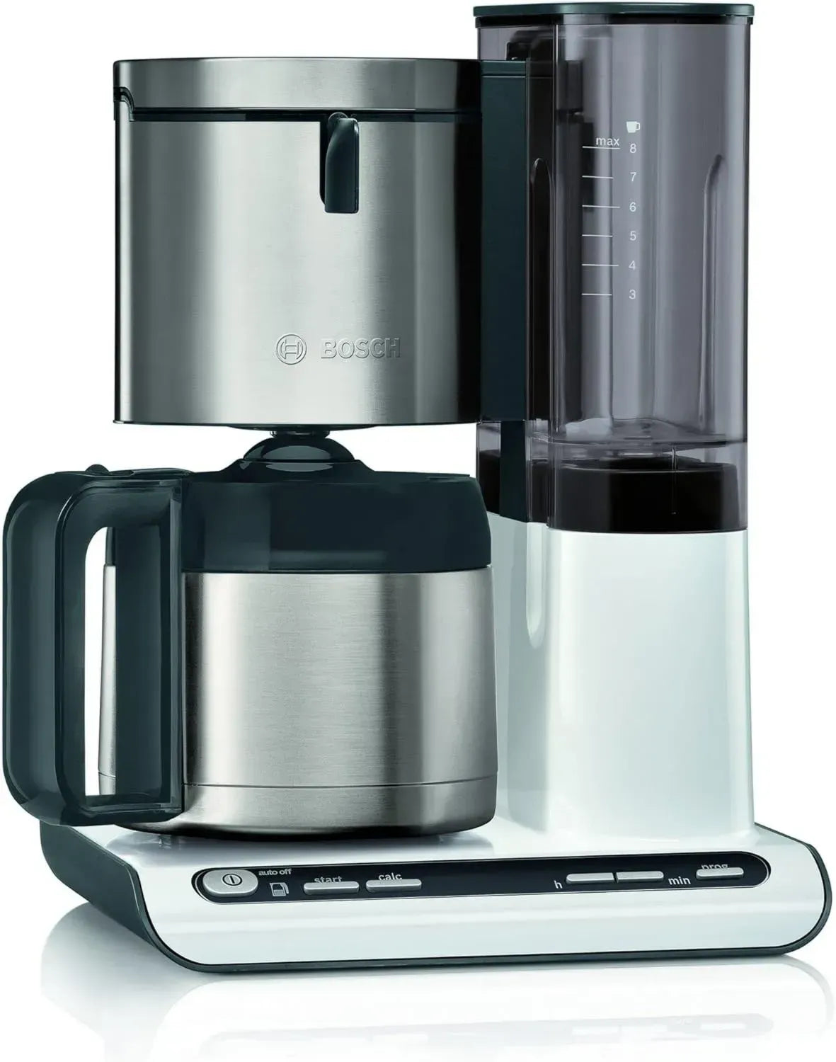 Bosch Filterkaffeemaschine Styline, 1,1 L Edelstahl-Thermokanne, 8-12 Tassen, AromaPlus, Abschaltautomatik, Antitropf, Entkalkung, Weiß