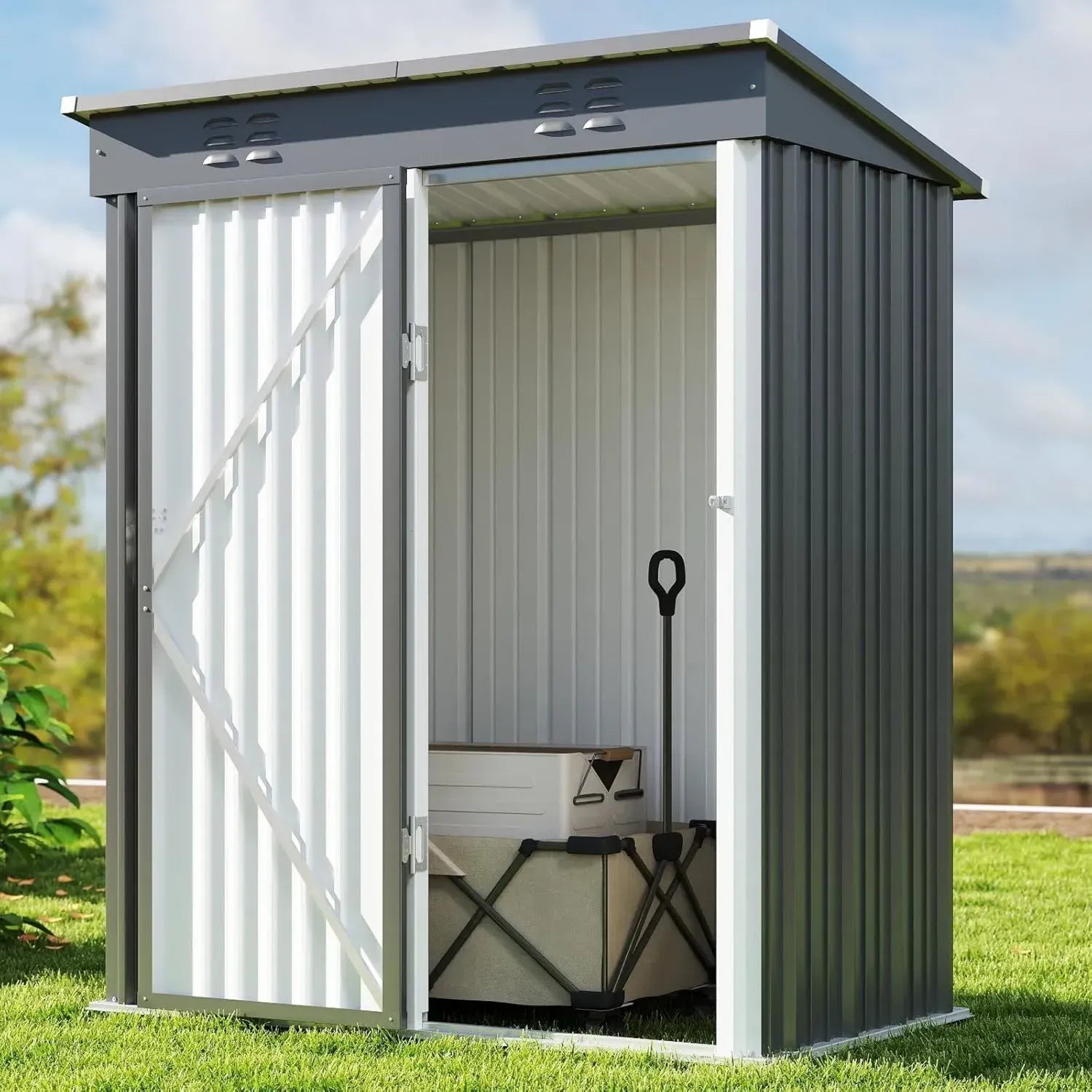 Bealife Stahlgerätehaus 180x162x95 cm, robuster Gartenschuppen für Terrasse und Rasen, wetterfestes Lagerhaus im Freien (Grau)