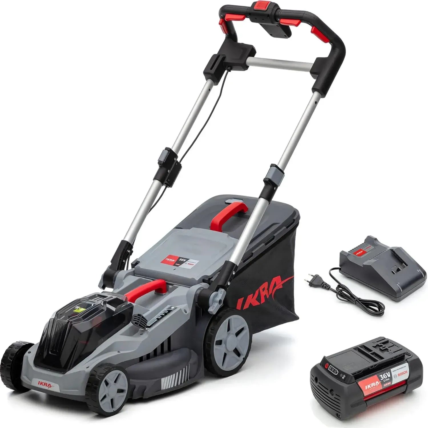 IKRA Bosch 36V Akku-Rasenmäher 3-in-1 mit Mulchfunktion, 38 cm Schnittbreite, für Rasen bis 400 m², inkl. 36V 4Ah Akku und Ladegerät