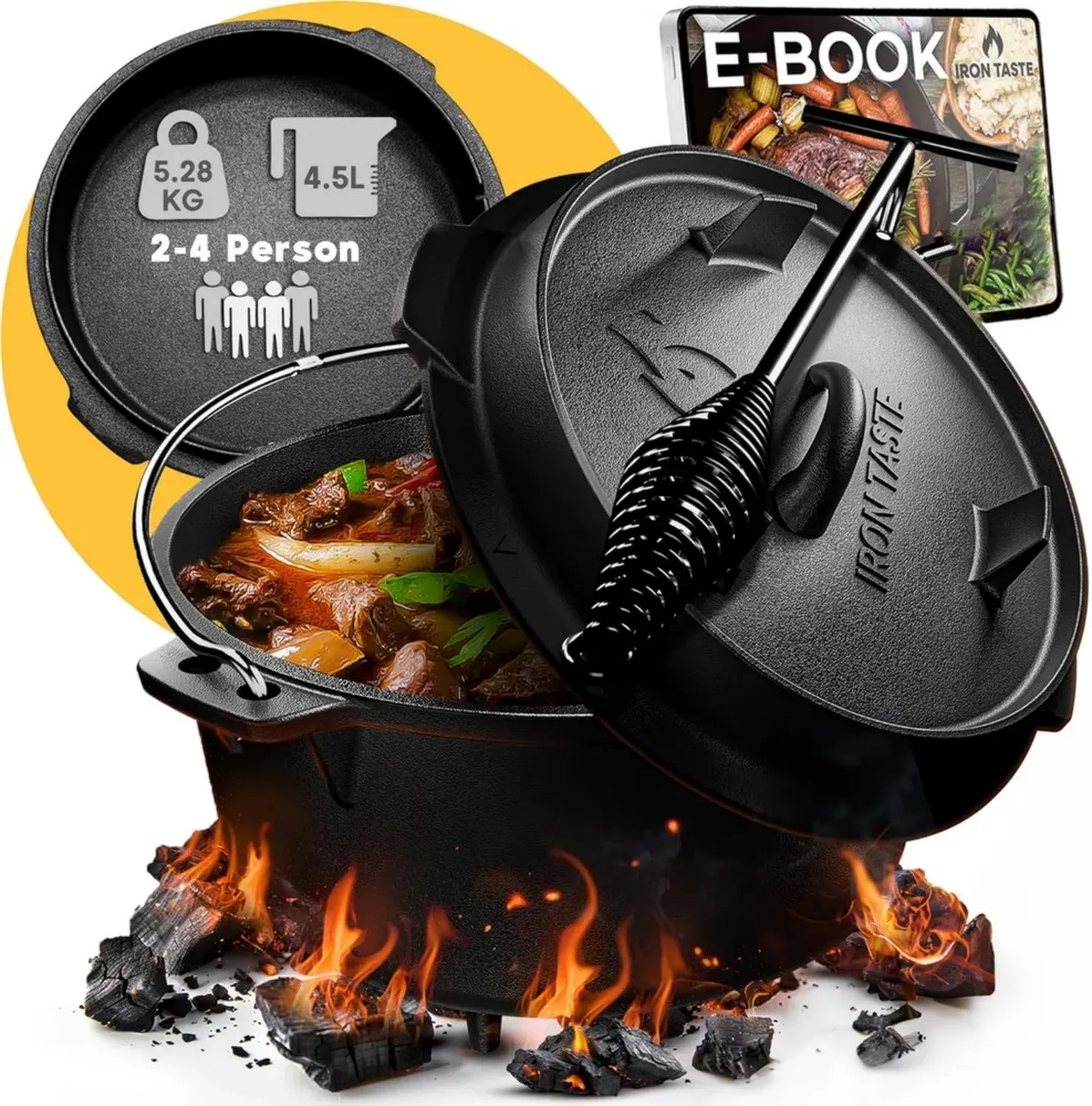 Gusseisen-Dutch Oven 4.5L mit Deckelheber für Lagerfeuer