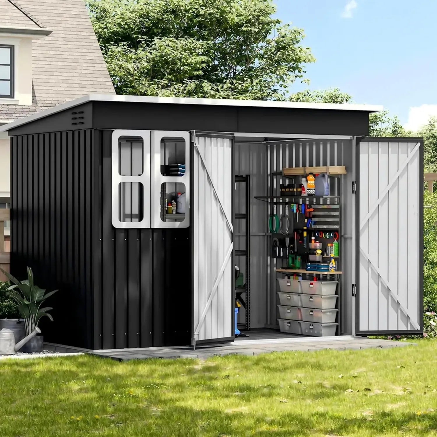 Geräumiges Metall Gartenhaus 260x176x190 cm mit Fenster, abschließbare Tür und Belüftung, Fahrradgarage und Geräteschuppen, wetterfest, dunkelgrau