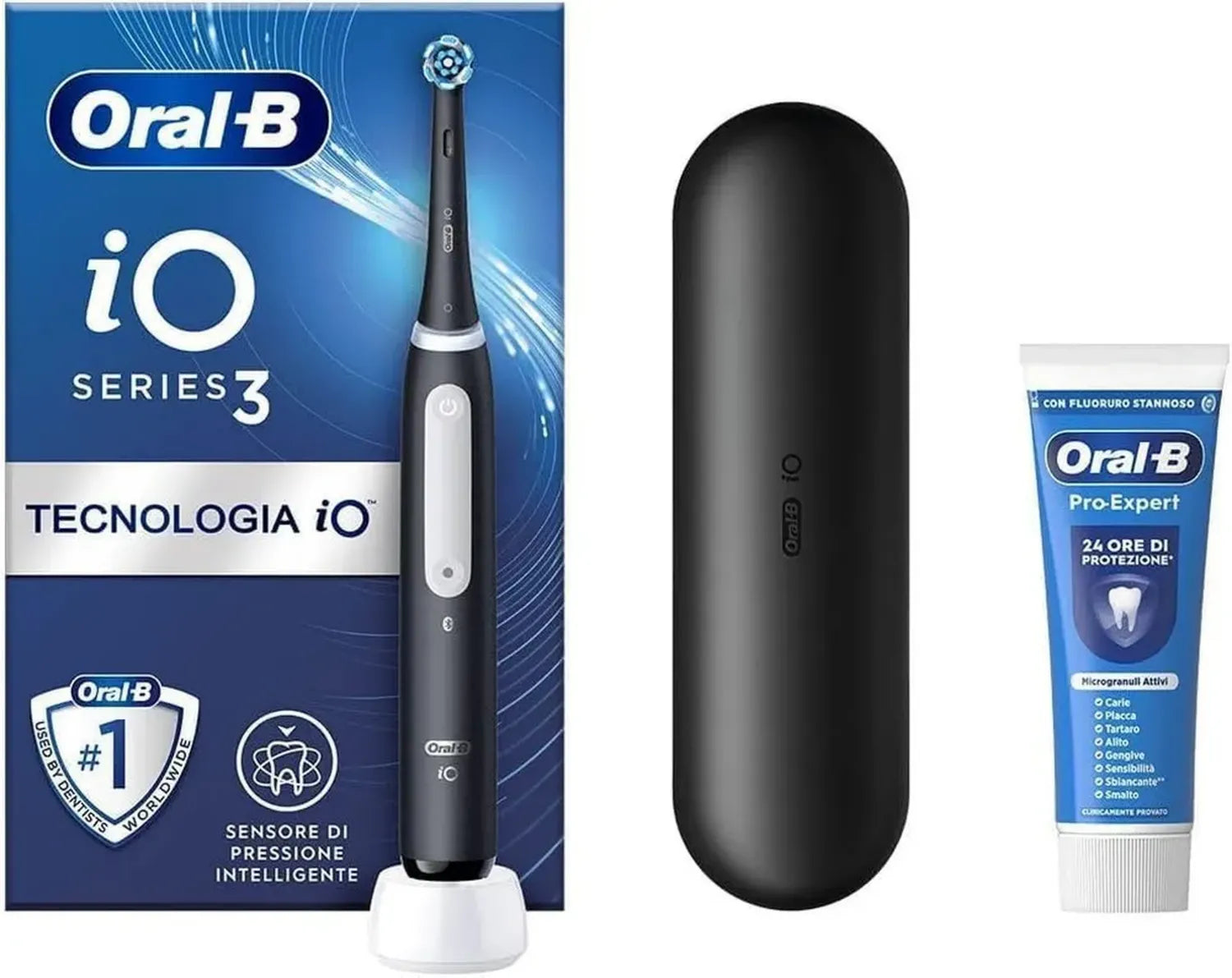 Oral-B iO 3 Elektrische Zahnbürste Schwarz mit Reiseetui und Pro-Expert Zahnpasta