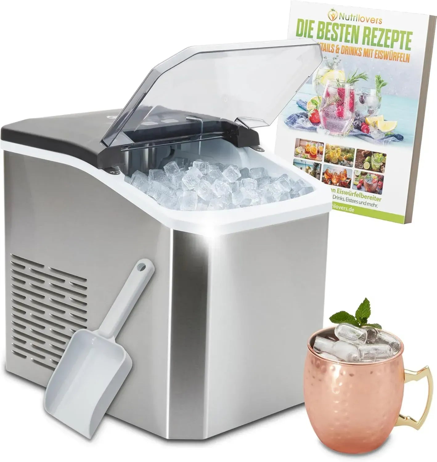 Nutrilovers Eiswürfelmaschine aus Edelstahl mit 2 Größen und Zubehör