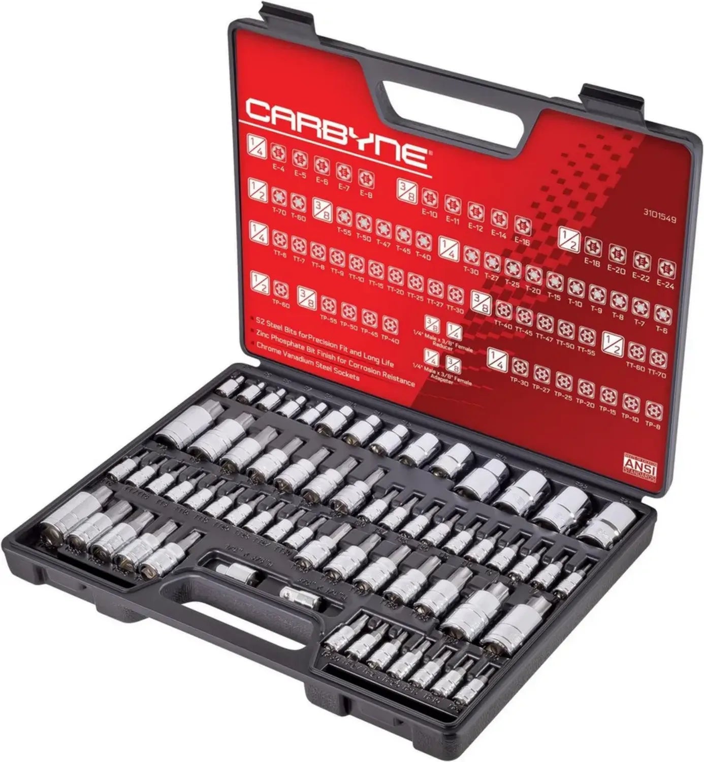 CARBYNE 62-teiliger Torx-Bit- und Außentorx-Stecknuss-Satz, S2 Stahl, CrV Stecknüsse | 1/4, 3/8 & 1/2 Zoll Antrieb