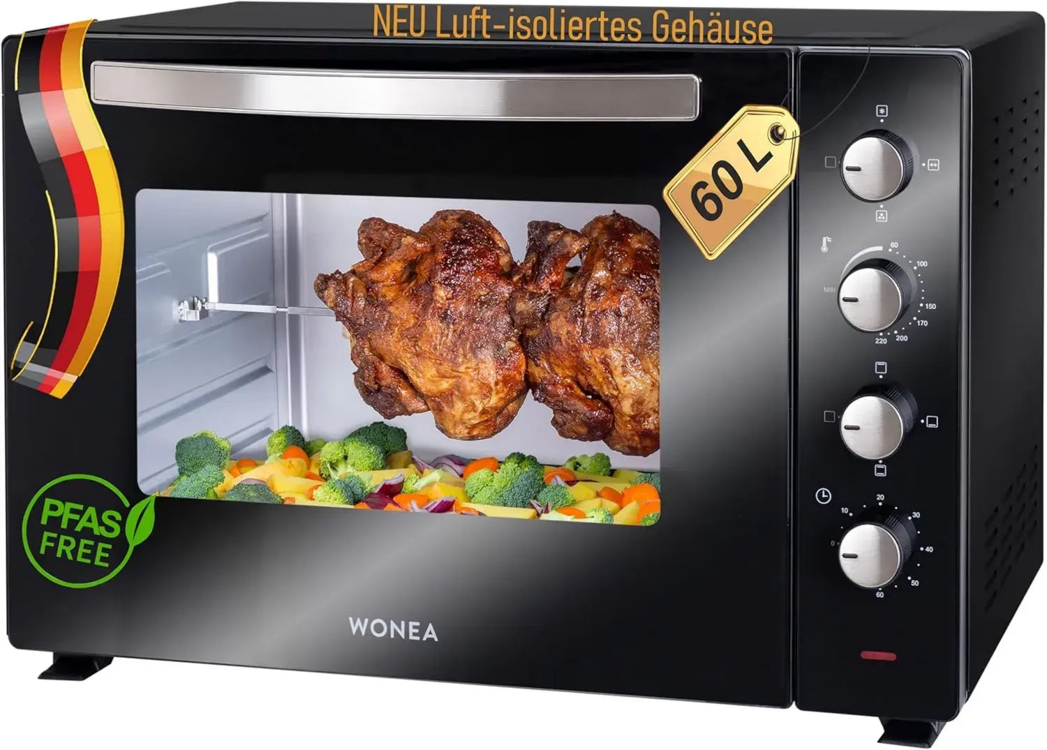 XXL Minibackofen 60L, 2000W mit Umluft und Drehspieß, Isoliertes Gehäuse, Krümelblech und Innenbeleuchtung, Ideal für Camping