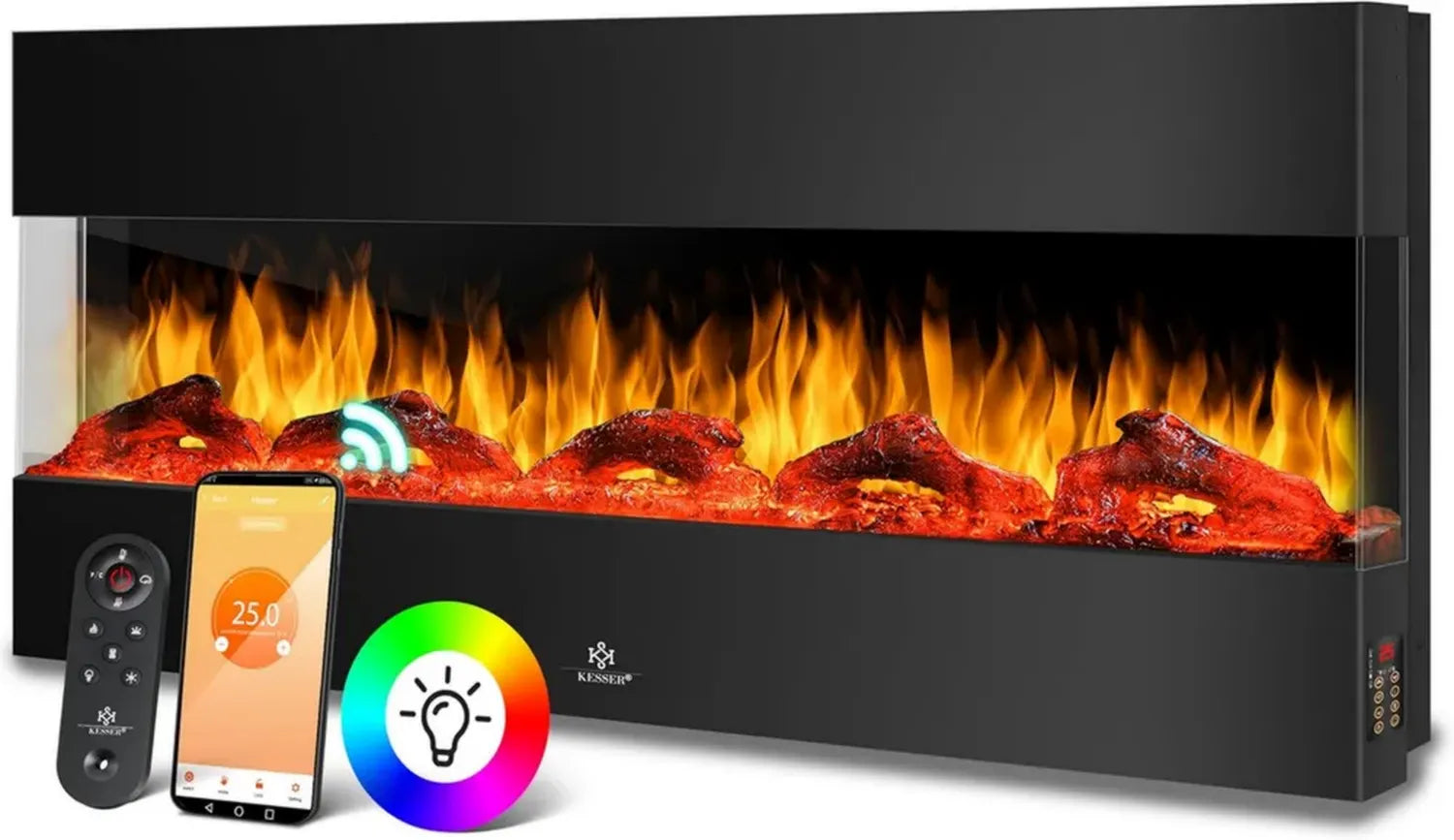 Elektrischer Wandkamin 138cm mit 3D Flammeneffekt, 9 LED-Farbmodi, App-Steuerung, 900/1800 W Heizung, schwarz
