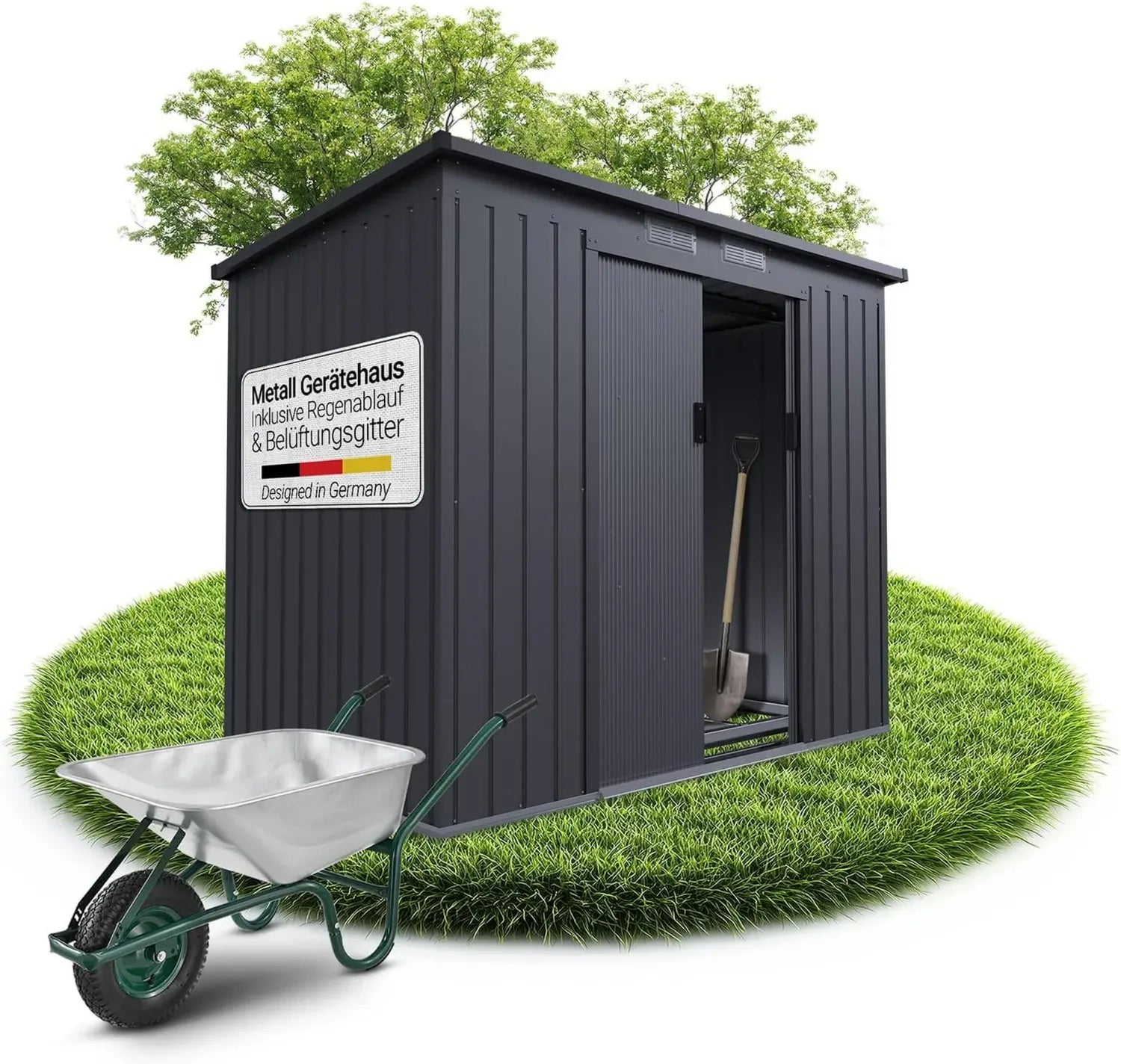Metall Geräteschuppen M mit Fundament, abschließbarer Schiebetür, wetterfest, dunkelgrau – ideal für Gartenaufbewahrung