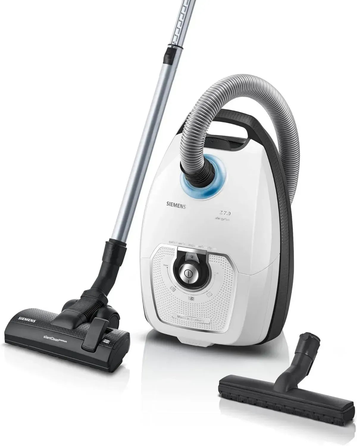 Siemens Z 7.0 Staubsauger mit Beutel, leise & stark, ideal für Allergiker, langer Aktionsradius, vielseitige Düsen, 650 W, weiß