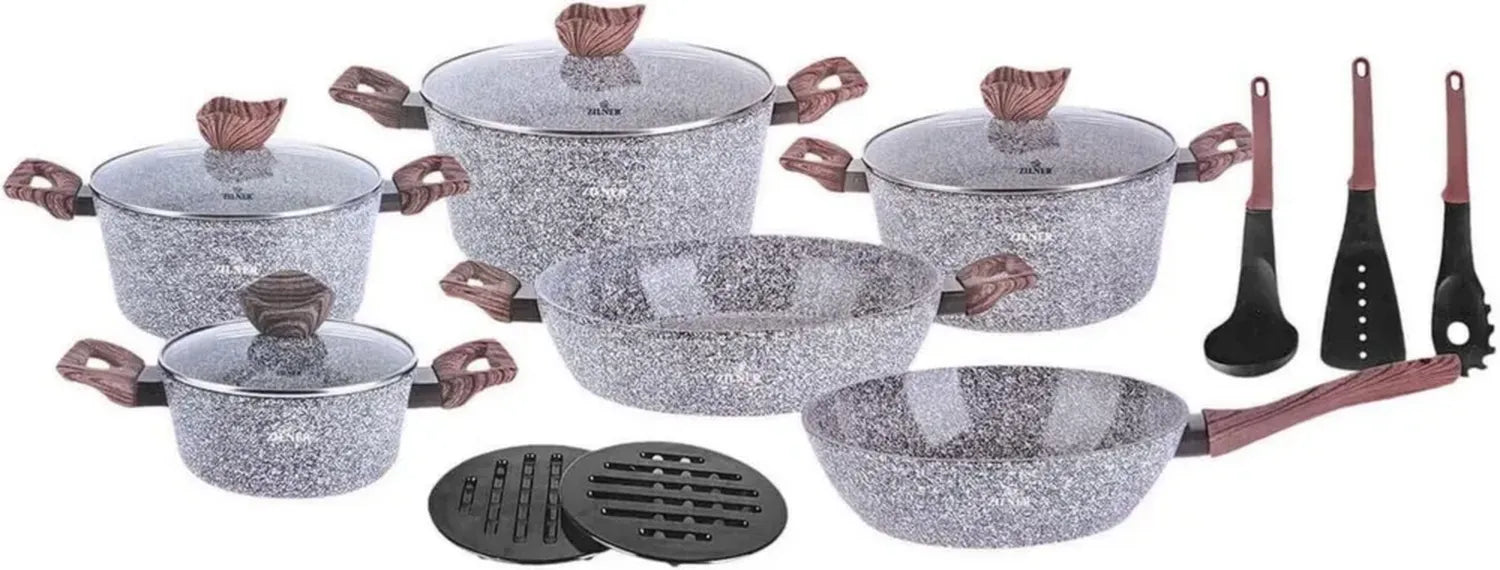 15-teiliges Zilner Kochgeschirr-Set mit Marmor- und Keramikbeschichtung, inklusive Glasdeckel, geeignet für alle Herdarten, Grau