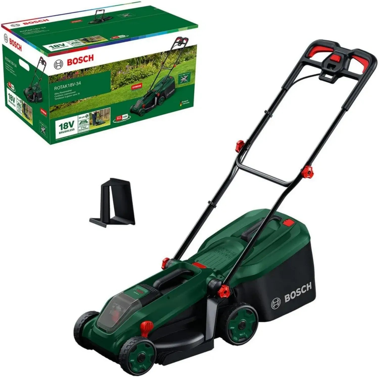 Bosch 18V Akku-Rasenmäher ROTAK, 34 cm Schnittbreite, 25-65 mm Schnitthöhe, 35 l Grasfangkorb, Mulchfunktion, ohne Akku