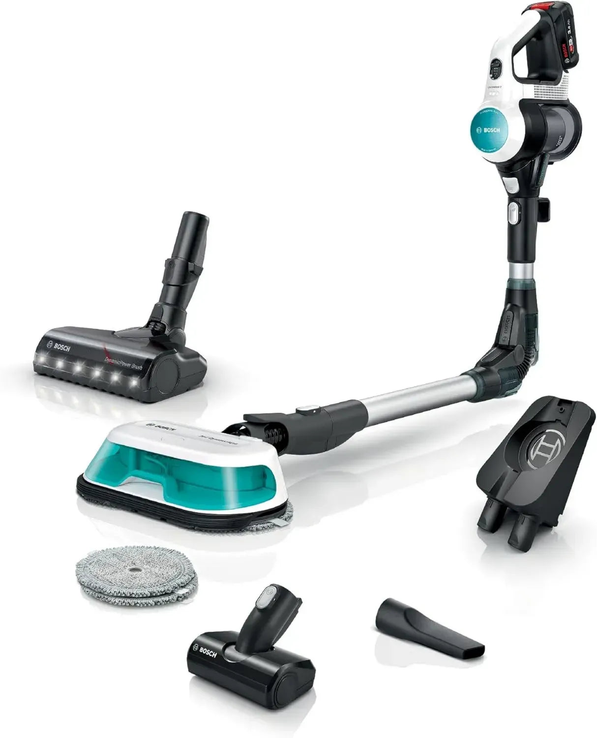 Bosch Kabelloser Staubsauger Unlimited Pro mit Hygienefunktion, 2-in-1 Saugen und Wischen, Flexibles Knickrohr, HEPA-Filter, Langzeit-Motorgarantie, Wechselakku-System, Mini-Turbo-Bürste, Weiß