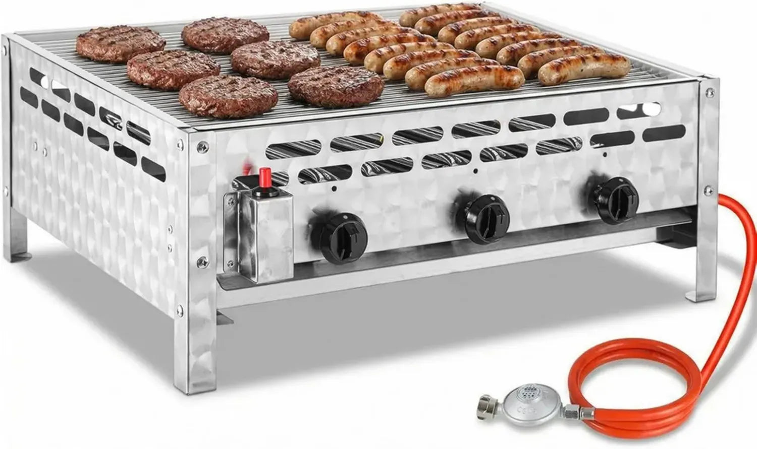 TLSUNNY 3-flammiger Gastro-Gasbräter aus Edelstahl, 12 kW, Profi-Tischgasgrill mit Grillrost für Außenbereich und Gastronomie, 59,5x48 cm Grillfläche