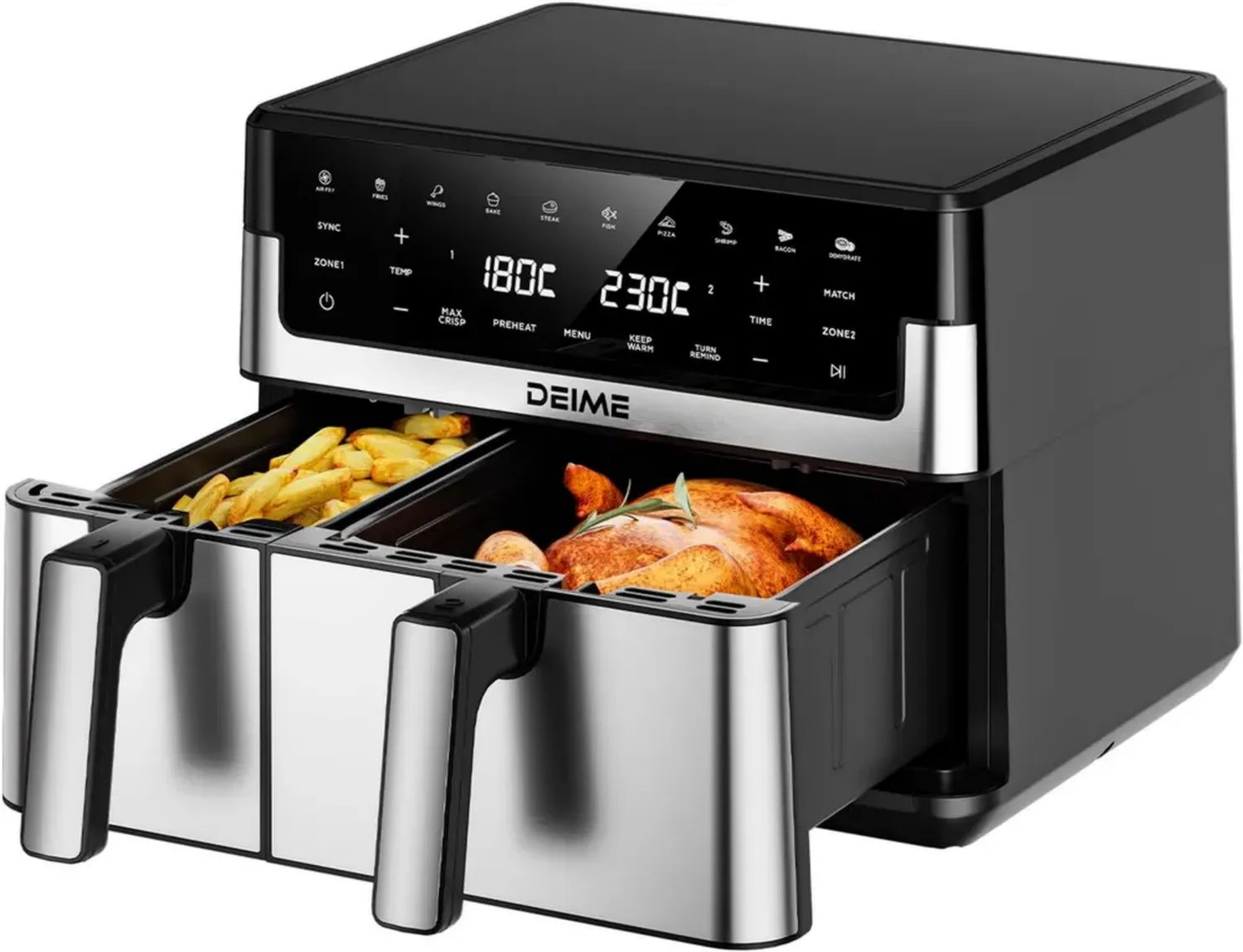 DEIME Heißluftfritteuse 10L mit Doppelfach, 10 Programme, Touchscreen, 91% weniger Fett